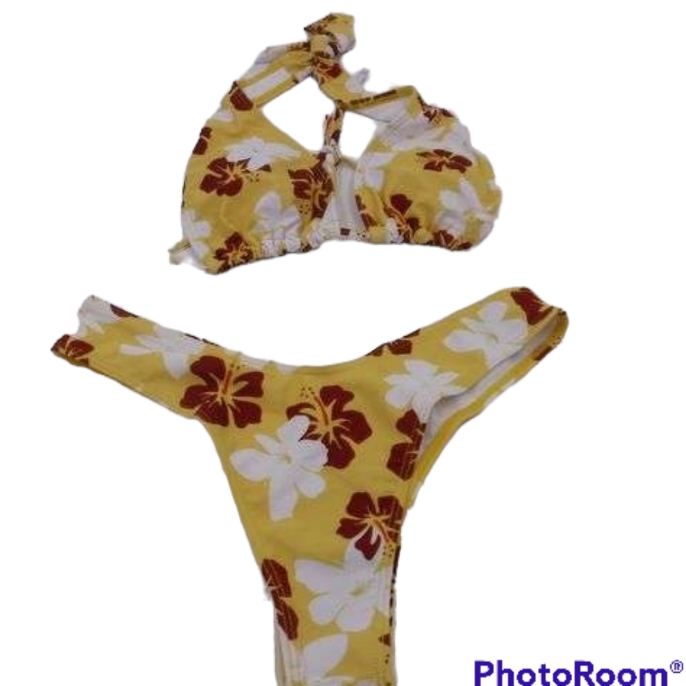 NWT Shein Halter Top High Cut Bottom Bikini Set Yellow Hawaiian Print sz M